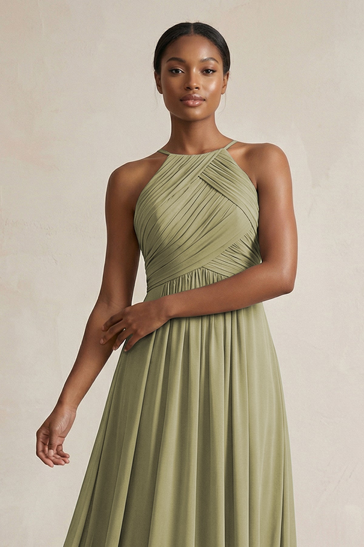 Robe demoiselle d’honneur vert sauge longue dos nu sans manches plissée - Harana