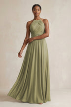 Robe demoiselle d’honneur vert sauge longue dos nu sans manches plissée - Harana