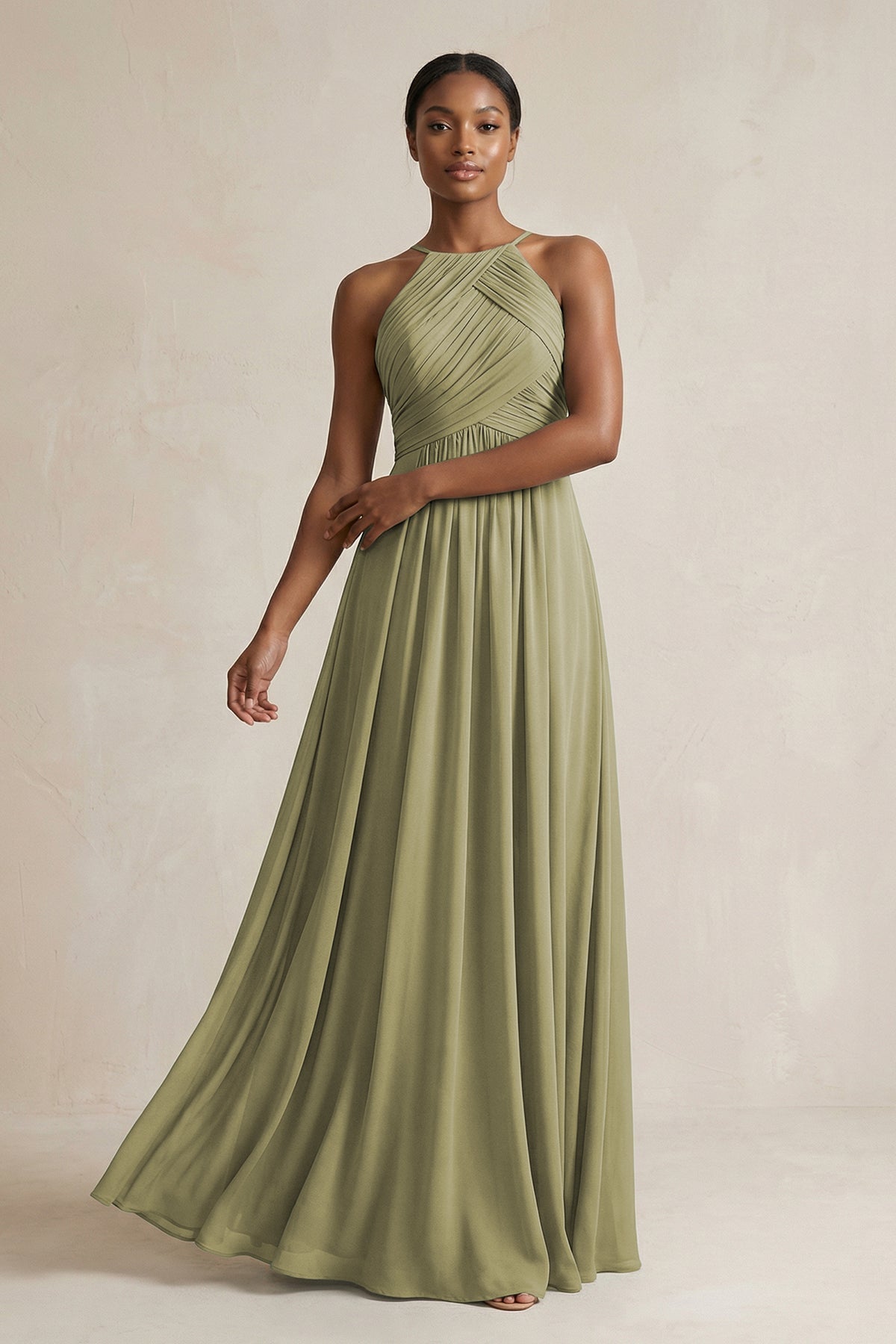 Robe demoiselle d’honneur vert sauge longue dos nu sans manches plissée - Harana