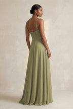 Robe demoiselle d’honneur vert sauge longue dos nu sans manches plissée - Harana