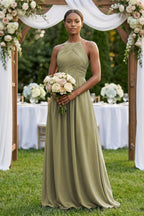 Robe demoiselle d’honneur vert sauge longue dos nu sans manches plissée - Harana