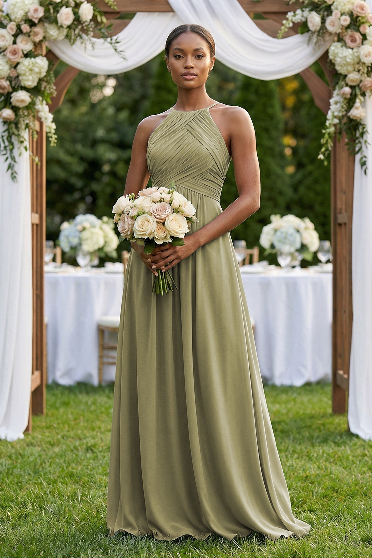 Robe demoiselle d’honneur vert sauge longue dos nu sans manches plissée - Harana