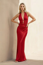 Robe longue rouge satinée dos nu plissée - Harana