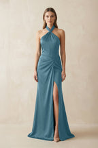 Robe demoiselle d’honneur twilight longue dos nu sans manches froncée - Harana