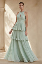 Robe longue mint green dos nu perlée à volants - Harana