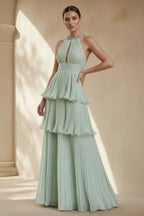 Robe longue mint green dos nu perlée à volants - Harana