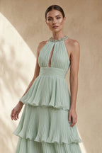 Robe longue mint green dos nu perlée à volants - Harana