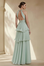 Robe longue mint green dos nu perlée à volants - Harana