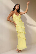 Robe longue jaune dos nu à volants - Harana