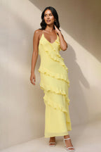 Robe longue jaune dos nu à volants - Harana
