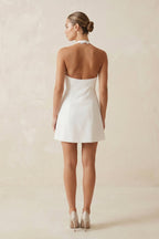 Robe de mariée courte blanc satinée à col halter sans manches - Harana