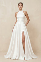 Robe de mariée blanche trapèze en satin dos nu sans manches - Harana