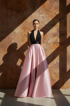 Robe longue black & pink satinée dos nu - Harana