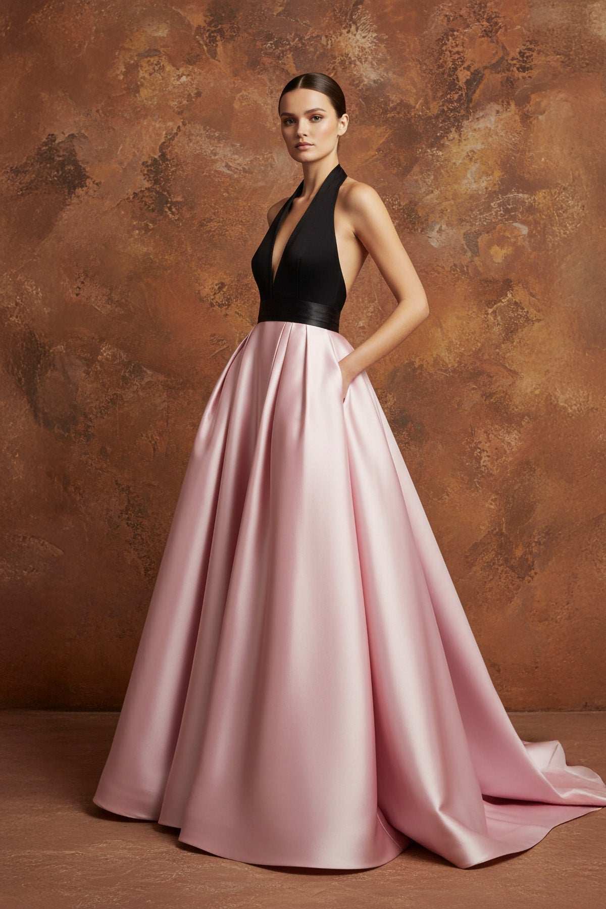 Robe longue black & pink satinée dos nu - Harana