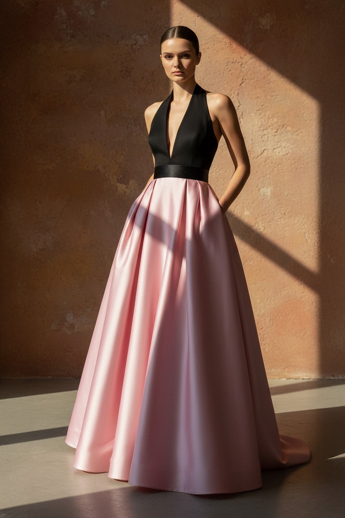 Robe longue black & pink satinée dos nu - Harana