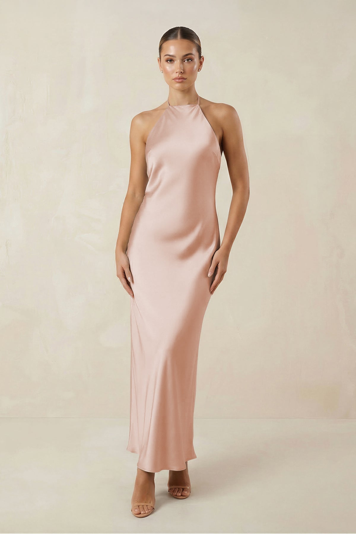 Robe demoiselle d’honneur pale blush longue dos nu sans manches satinée - Harana