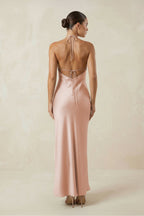 Robe demoiselle d’honneur pale blush longue dos nu sans manches satinée - Harana