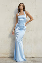 Robe longue bleu ciel satinée dos nu effet drapé - Harana