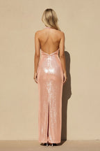 Robe longue rose gold pailletée dos nu - Harana