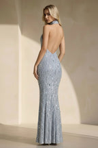 Robe longue argenté pailletée dos nu perlée - Harana