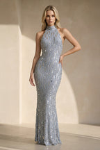 Robe longue argenté pailletée dos nu perlée - Harana