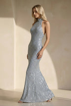 Robe longue argenté pailletée dos nu perlée - Harana