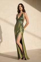 Robe longue olive pailletée dos nu avec fente - Harana