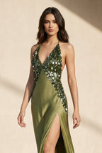 Robe longue olive pailletée dos nu avec fente - Harana