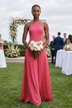 Robe demoiselle d’honneur fuchsia longue dos nu sans manches avec fente - Harana