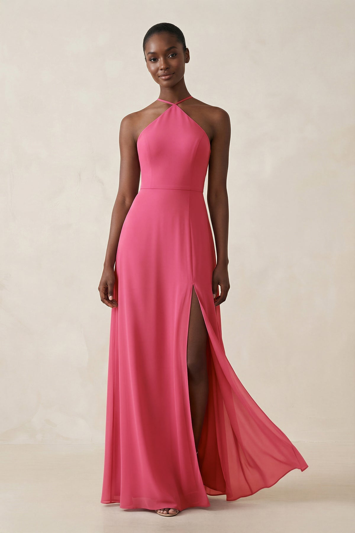 Robe demoiselle d’honneur fuchsia longue dos nu sans manches avec fente - Harana
