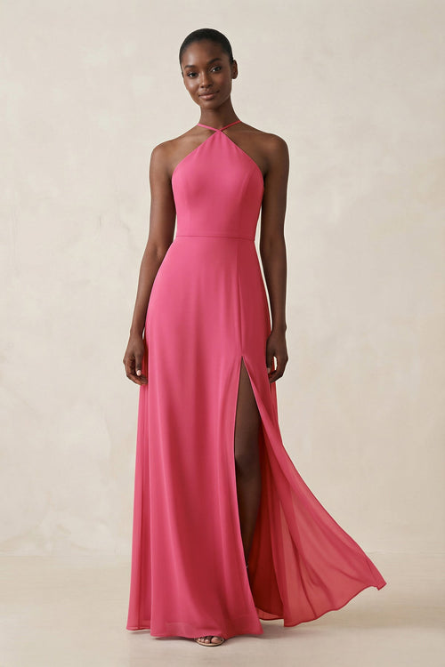 Robe de demoiselle d’honneur fuchsia longue en mousseline coupe fourreau à col licou avec fente - Harana