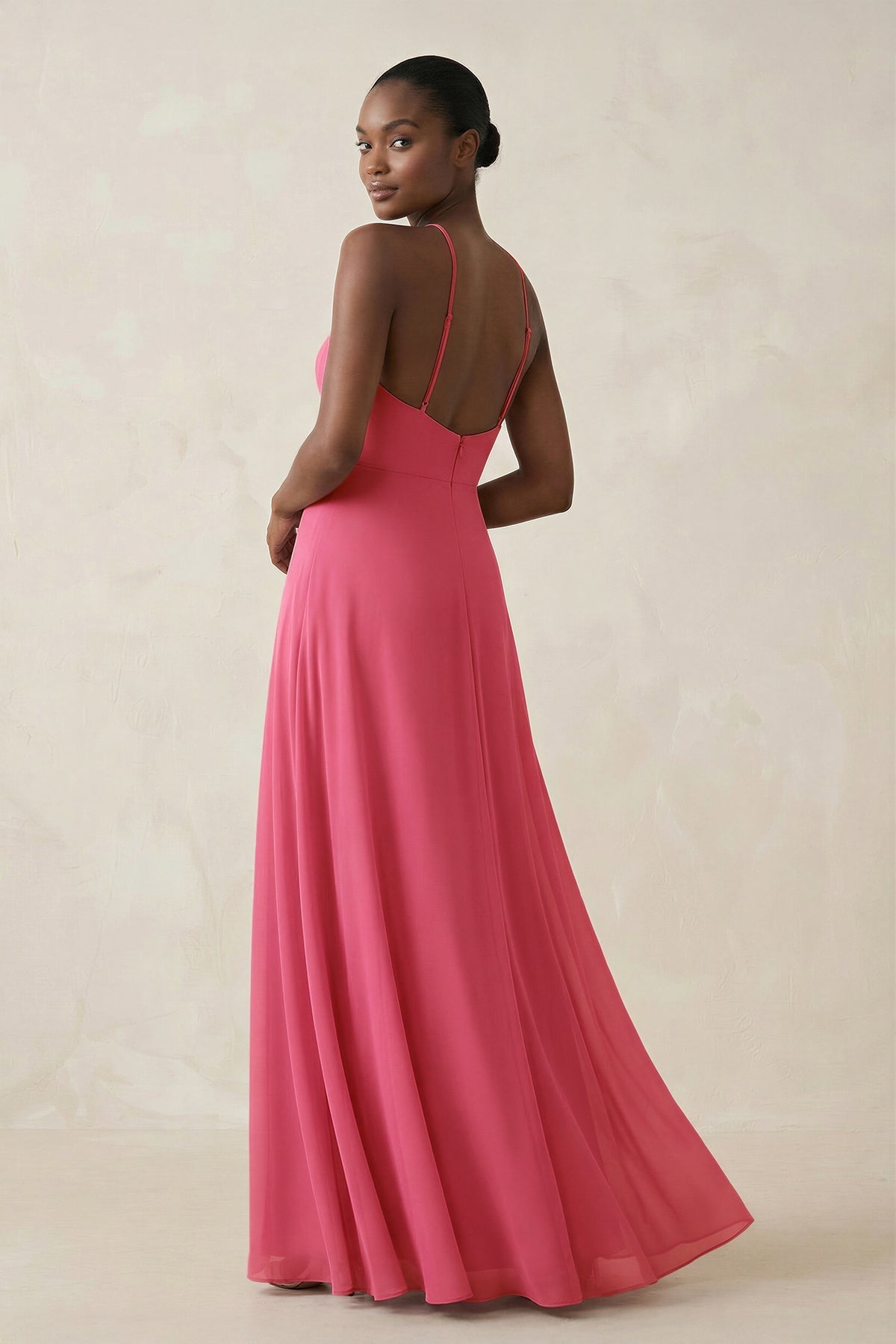 Robe demoiselle d’honneur fuchsia longue dos nu sans manches avec fente - Harana