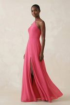 Robe demoiselle d’honneur fuchsia longue dos nu sans manches avec fente - Harana