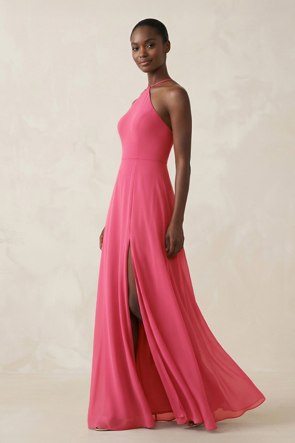 Robe demoiselle d’honneur fuchsia longue dos nu sans manches avec fente - Harana