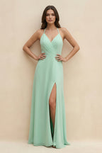 Robe demoiselle d’honneur pale pistachio longue dos nu sans manches avec fente - Harana