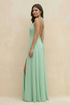 Robe demoiselle d’honneur pale pistachio longue dos nu sans manches avec fente - Harana