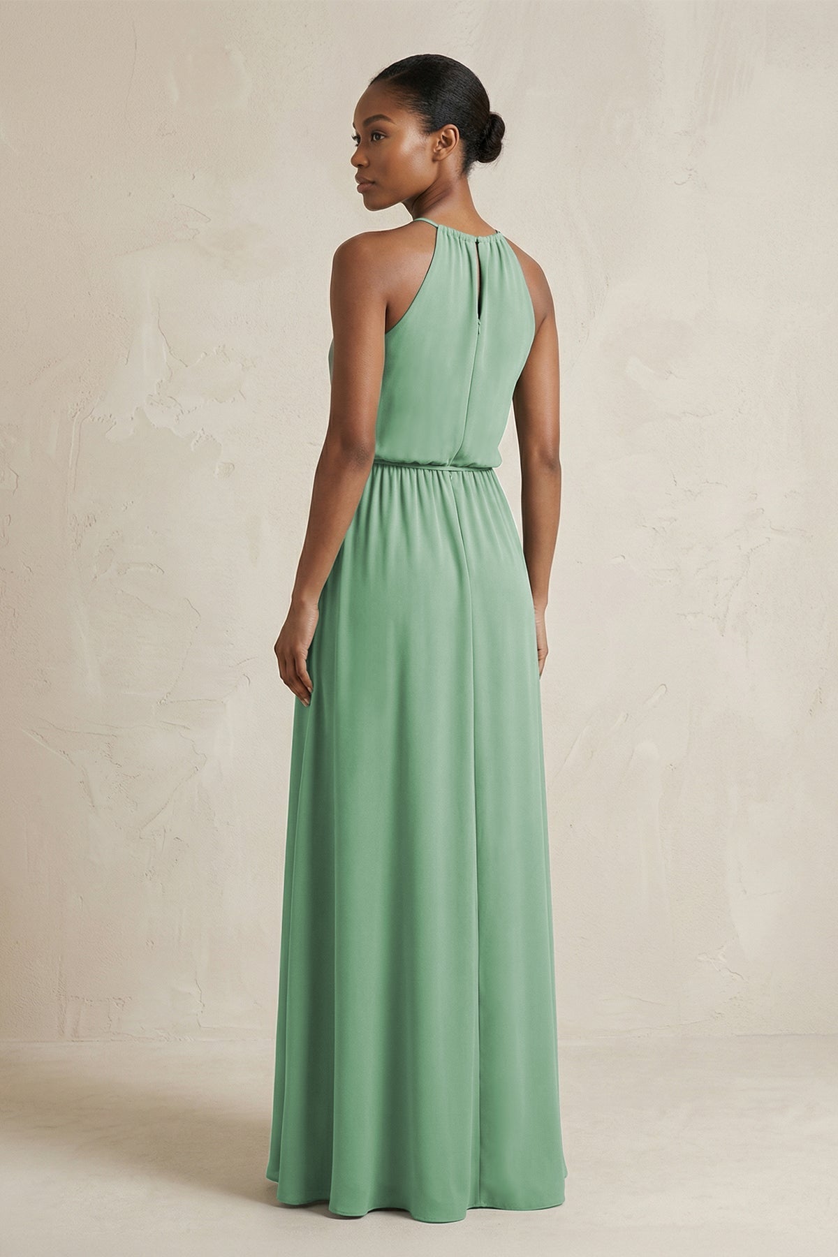 Robe demoiselle d’honneur vert d’eau longue dos nu sans manches avec fente - Harana