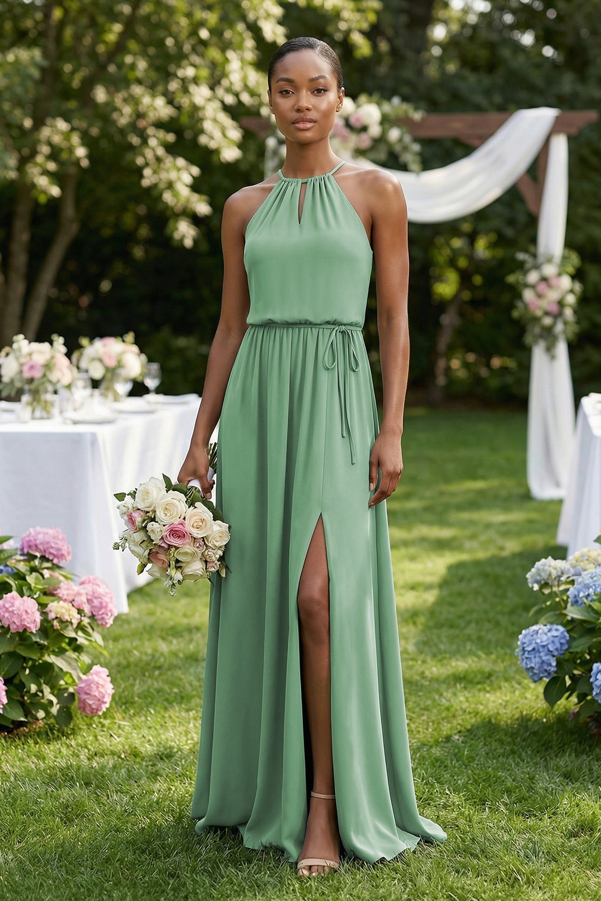 Robe demoiselle d’honneur vert d’eau longue dos nu sans manches avec fente - Harana