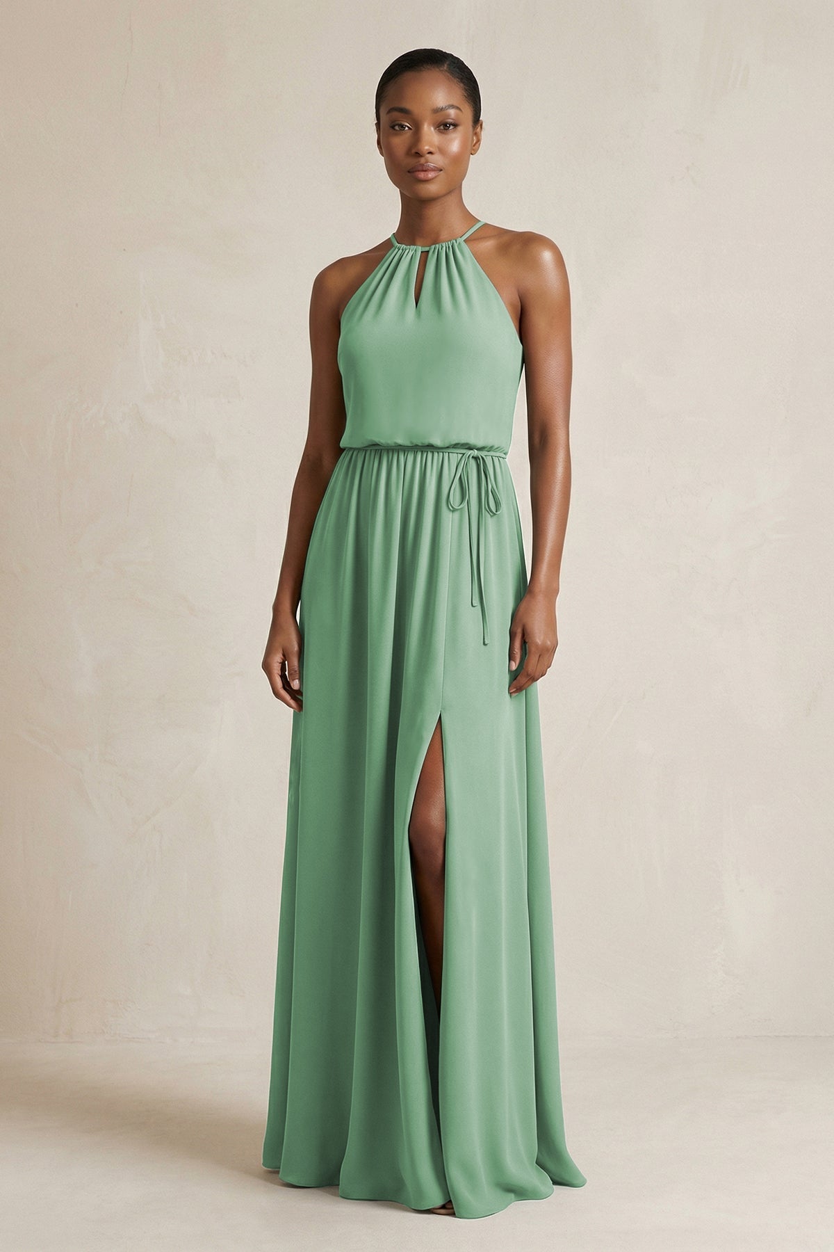 Robe demoiselle d’honneur vert d’eau longue dos nu sans manches avec fente - Harana