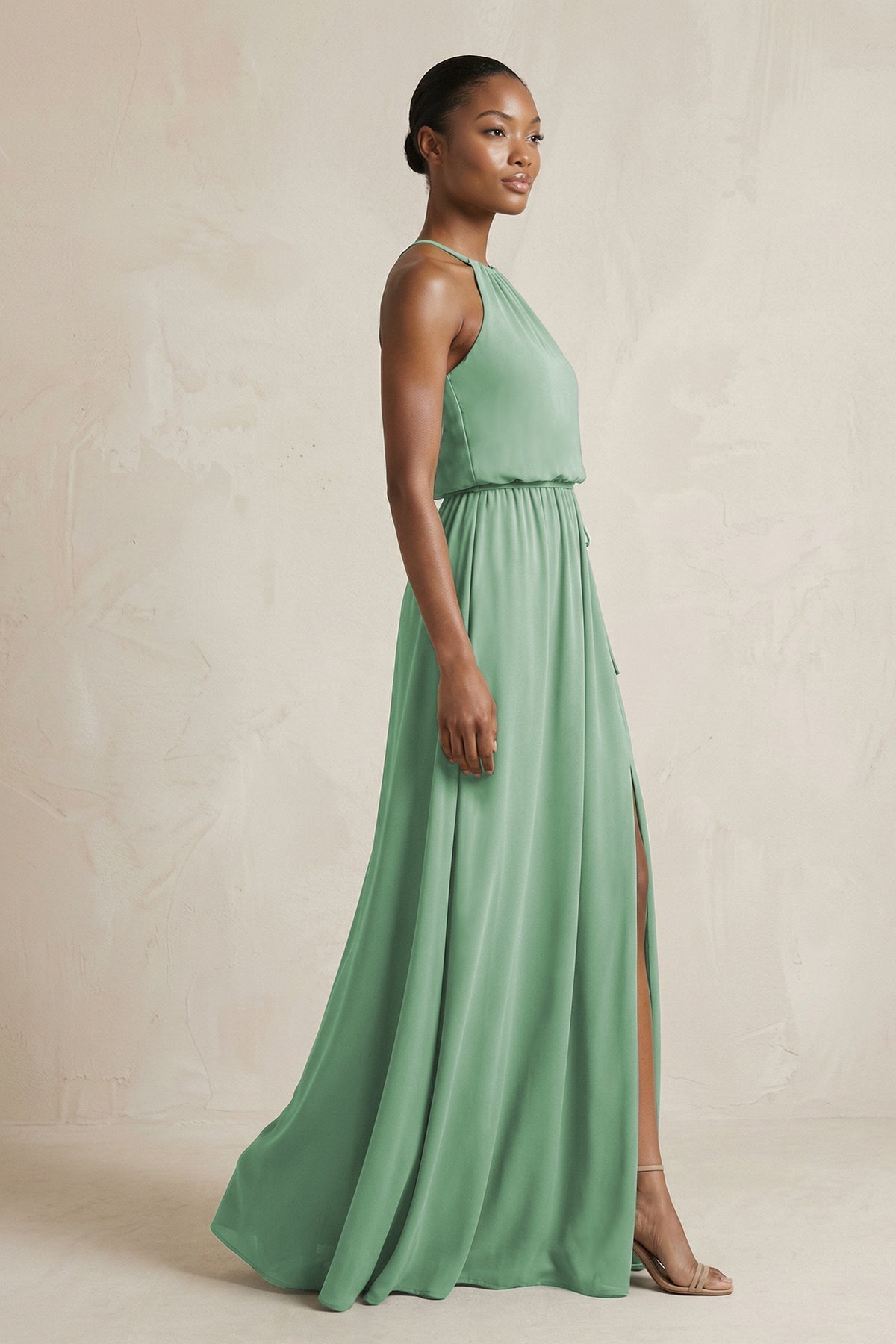 Robe demoiselle d’honneur vert d’eau longue dos nu sans manches avec fente - Harana