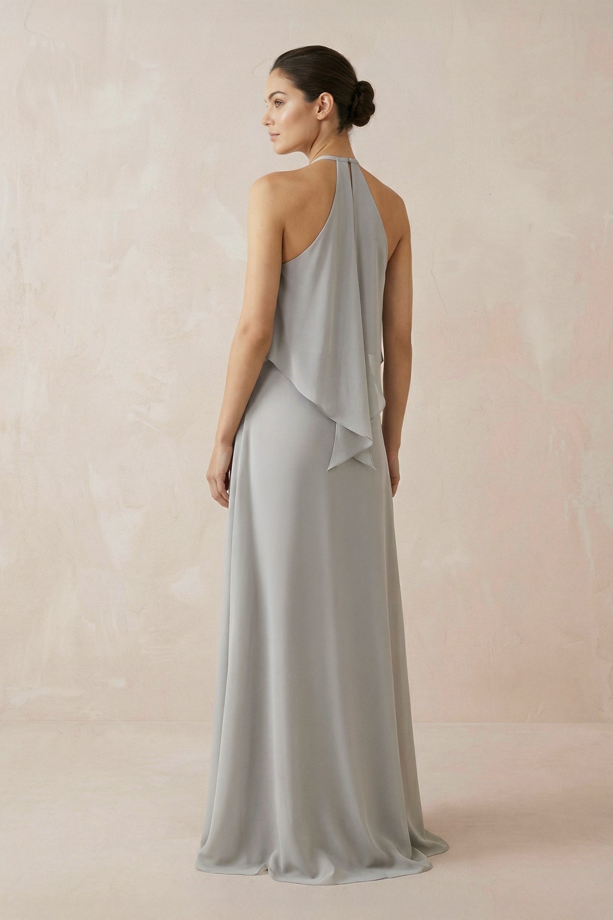 Robe demoiselle d’honneur argenté longue dos nu sans manches à volants - Harana