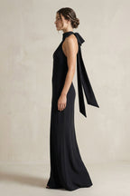 Robe demoiselle d’honneur noir longue dos nu sans manches avec nœud - Harana