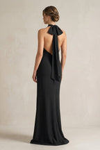 Robe demoiselle d’honneur noir longue dos nu sans manches avec nœud - Harana