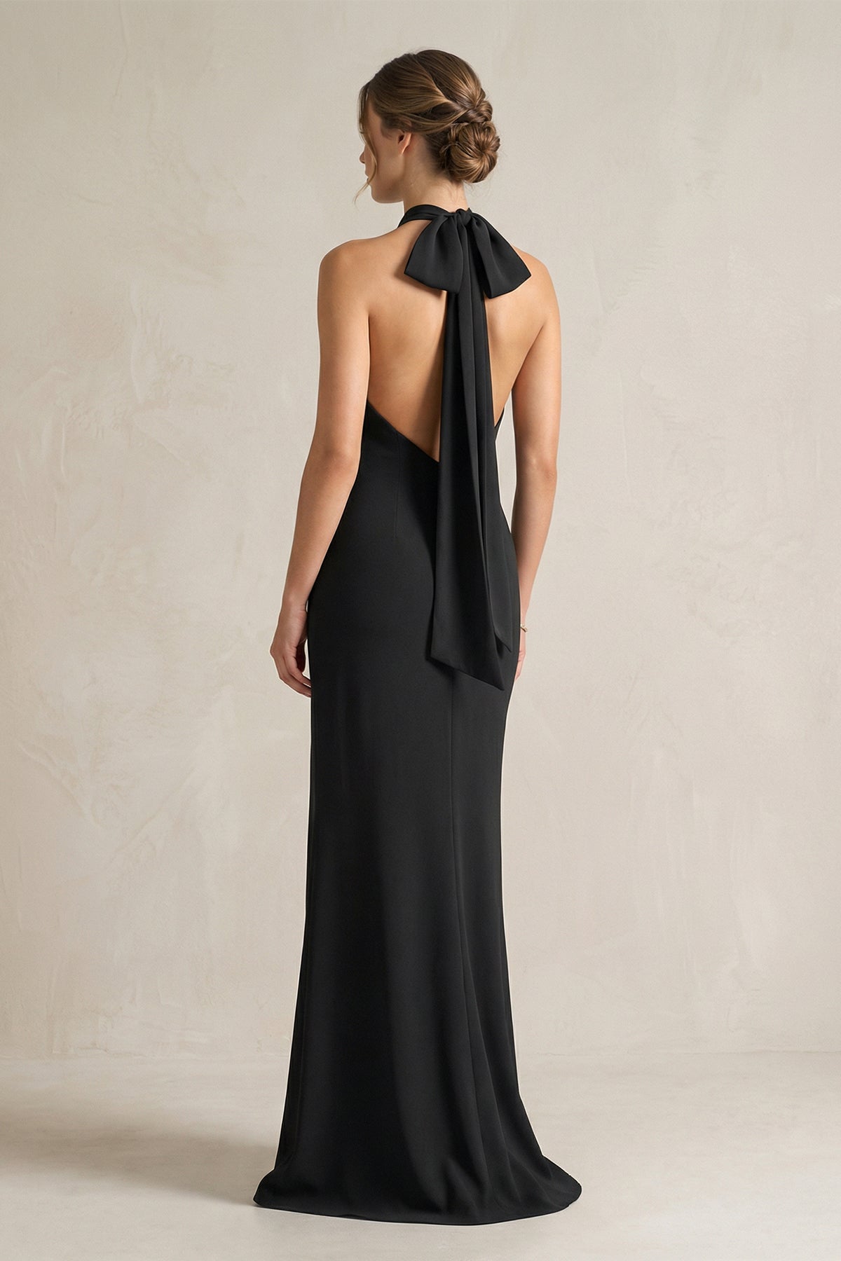 Robe demoiselle d’honneur noir longue dos nu sans manches avec nœud - Harana