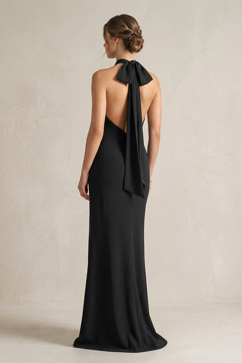 Robe de demoiselle d’honneur noire longue satinée coupe fourreau à col licou avec nœud - Harana