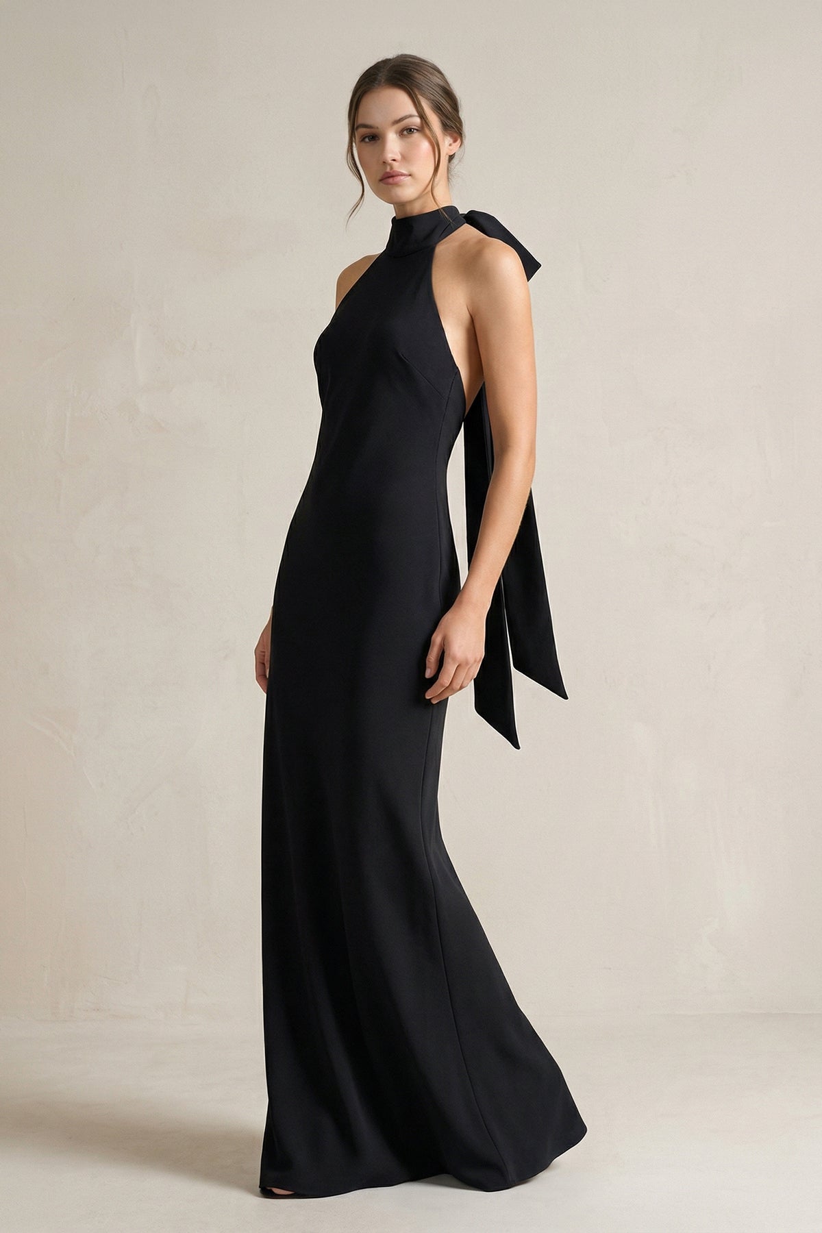 Robe demoiselle d’honneur noir longue dos nu sans manches avec nœud - Harana