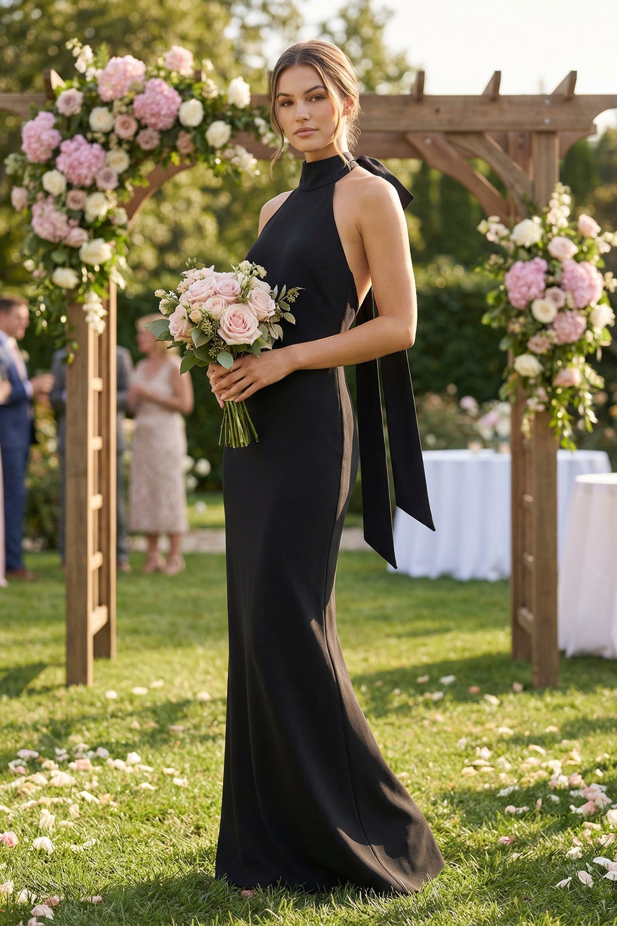 Robe demoiselle d’honneur noir longue dos nu sans manches avec nœud - Harana