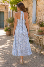 Robe bleue midi en coton coupe trapèze à col licou et imprimé floral rétro - Harana