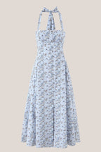 Robe bleue midi en coton coupe trapèze à col licou et imprimé floral rétro - Harana