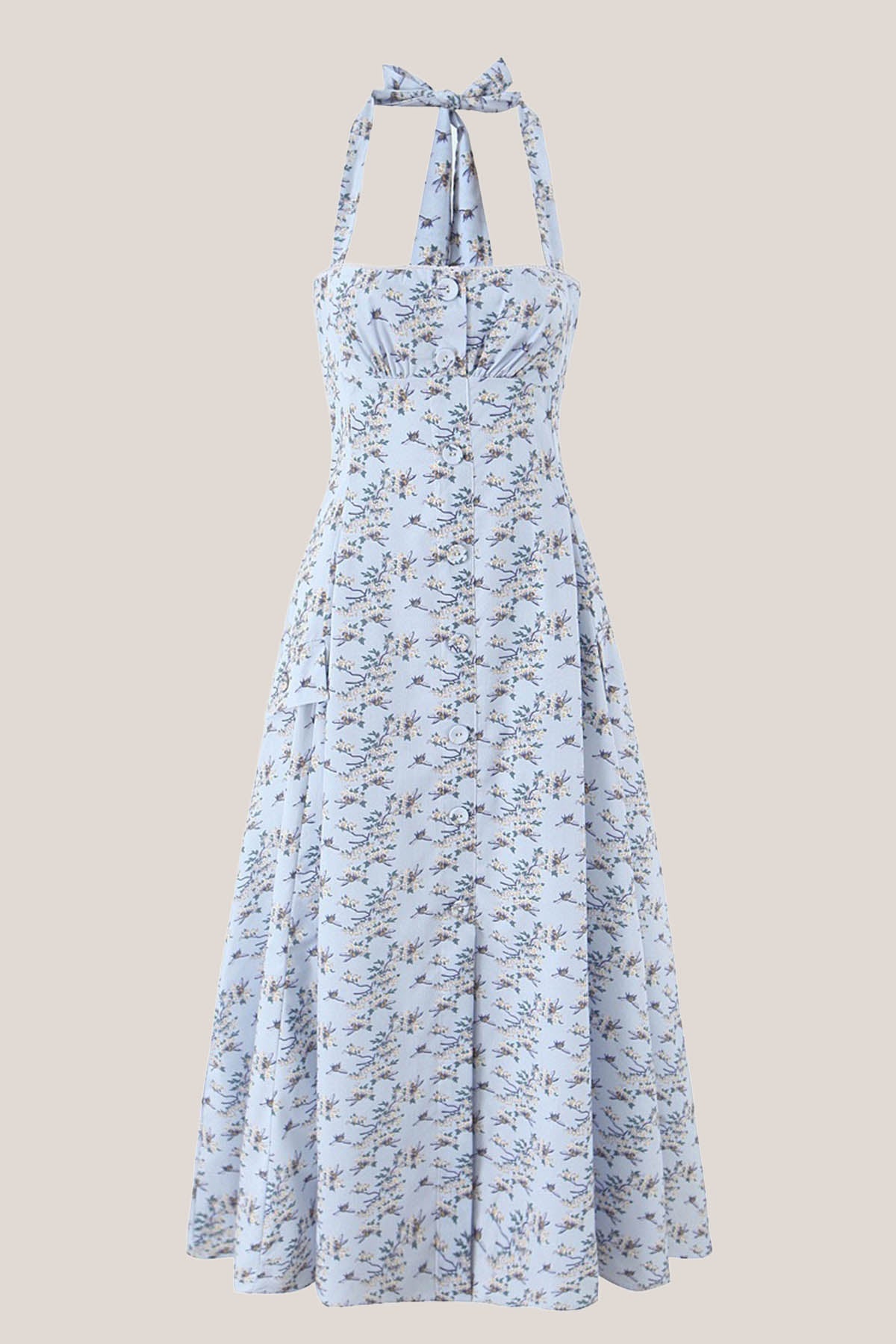 Robe bleue midi en coton coupe trapèze à col licou et imprimé floral rétro - Harana